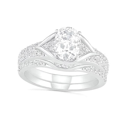 Oval Lab-Created White Sapphire Tri-Sides Split Frame Multi-Row Bridal Set in Sterling Silver