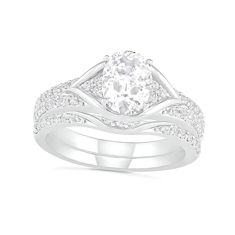 Oval Lab-Created White Sapphire Tri-Sides Split Frame Multi-Row Bridal Set in Sterling Silver