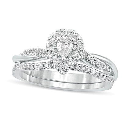 0.5 CT. TW Pear-Shaped Diamond Frame Twist Shank Bridal Set in 10K White Gold
