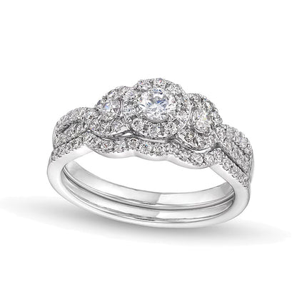 0.88 CT. TW Diamond Three Stone Framed Bridal Set in 10K White Gold