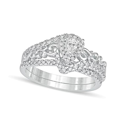 0.63 CT. TW Pear-Shaped Diamond Frame Filigree Bypass Bridal Set in 10K White Gold