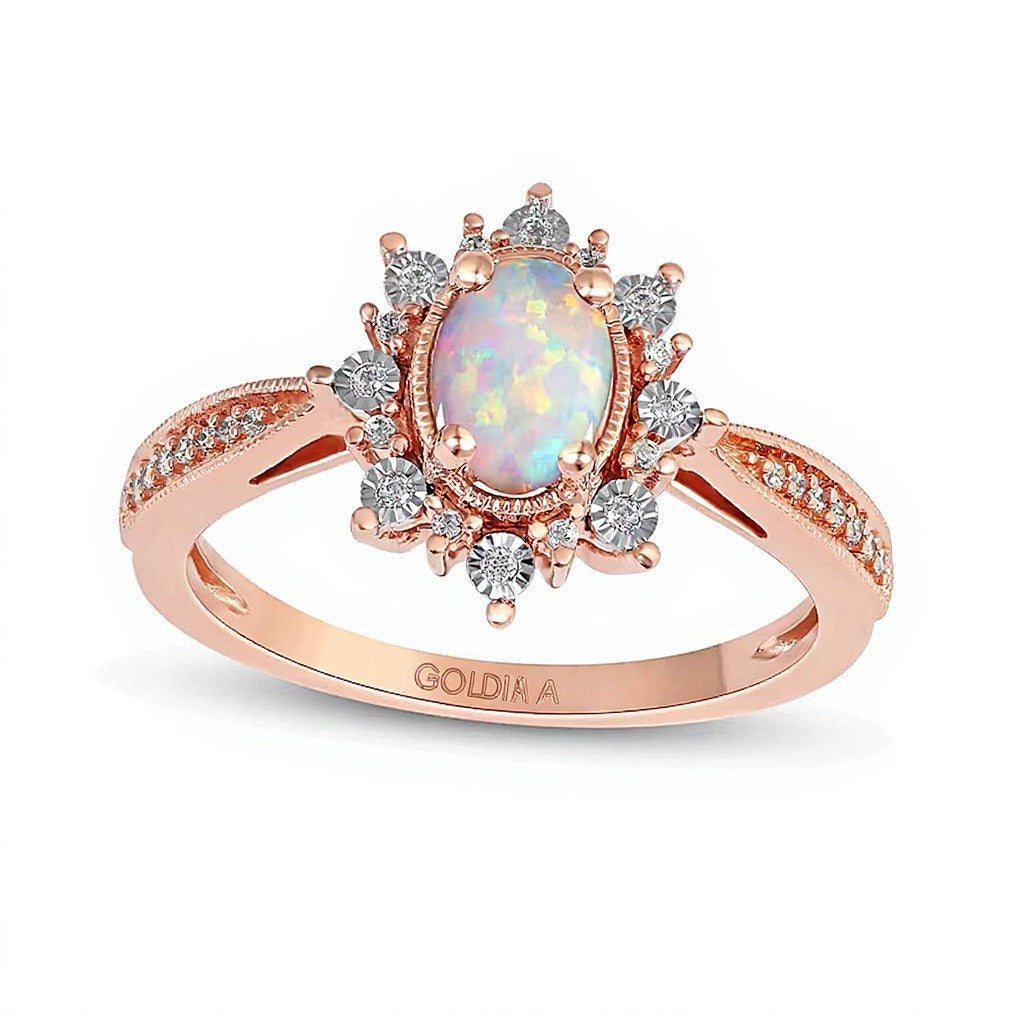 Oval Opal and 0.1 CT. TW Diamond Shadow Frame Vintage-Style Ring in 10K Rose Gold