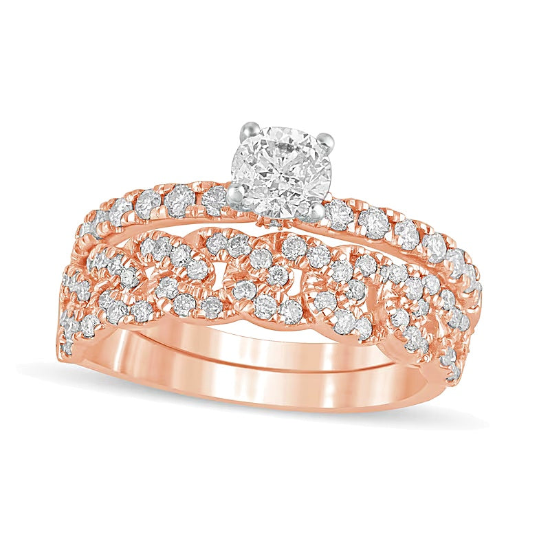 1.0 CT. TW Diamond Cuban Curb Chain Link Bridal Set in 10K Rose Gold
