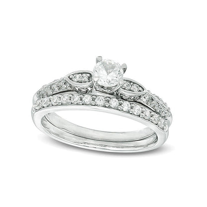 4.0mm Lab-Created White Sapphire and 0.2 CT. TW Diamond Bridal Set in 10K White Gold