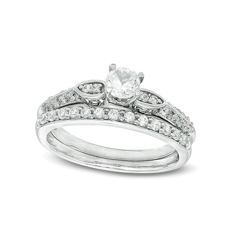 4.0mm Lab-Created White Sapphire and 0.2 CT. TW Diamond Bridal Set in 10K White Gold