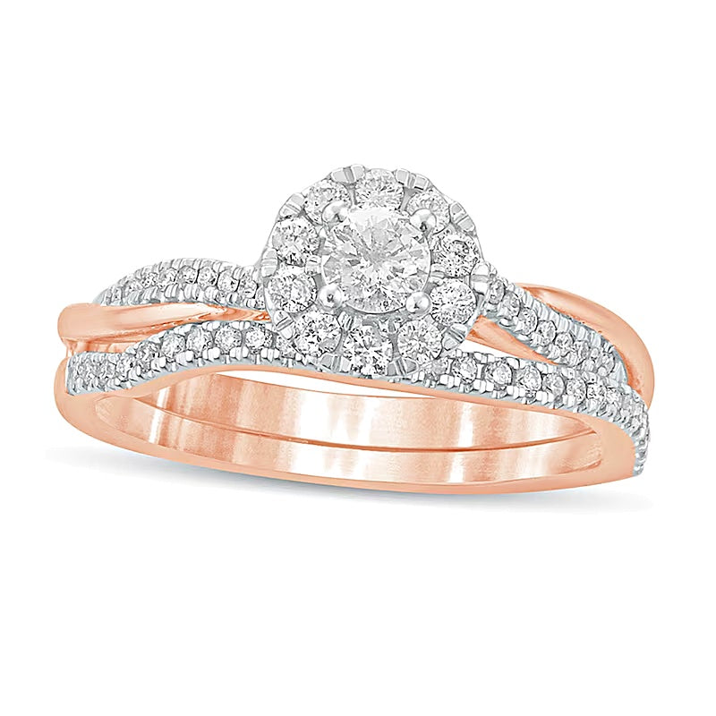 0.5 CT. TW Diamond Frame Twist Shank Bridal Set in 10K Rose Gold