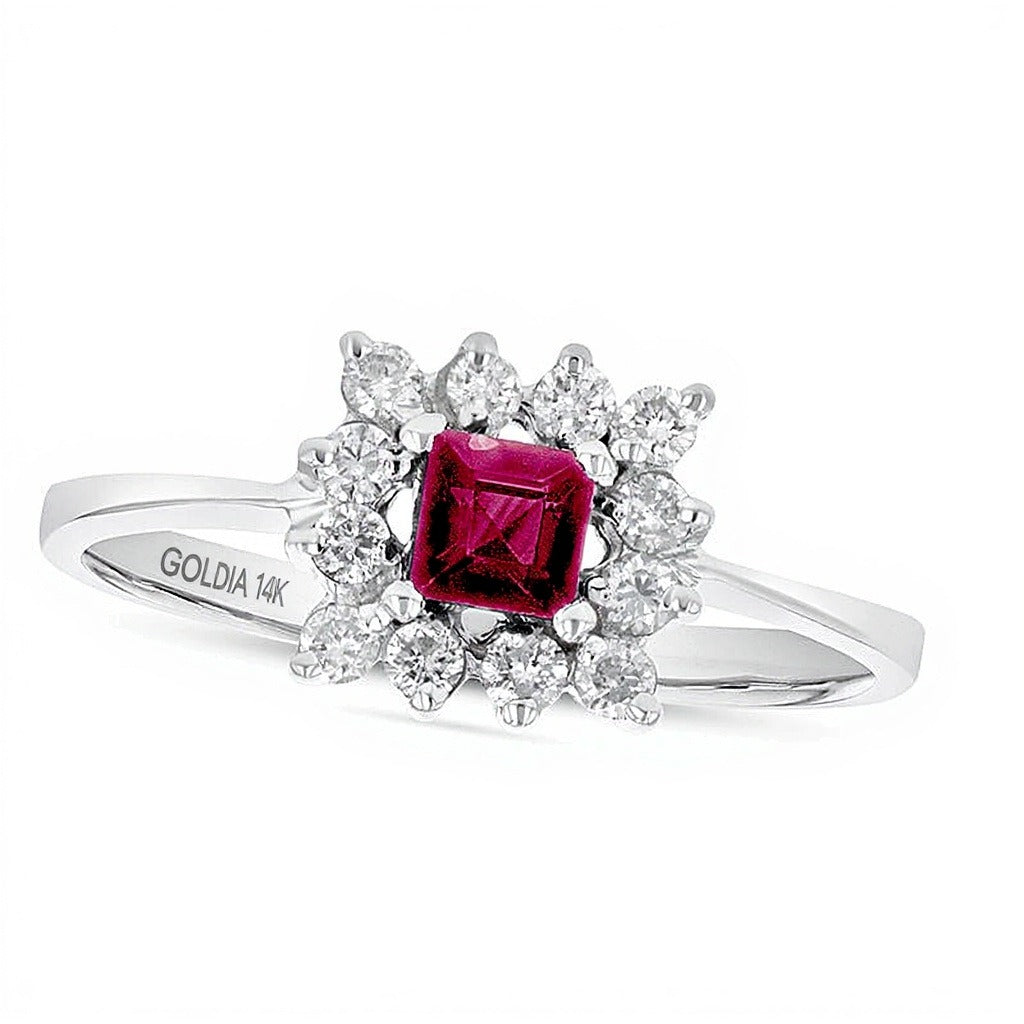 4.0mm Princess-Cut Ruby and 0.25 CT. TW Diamond Shadow Frame Ring in 14K White Gold