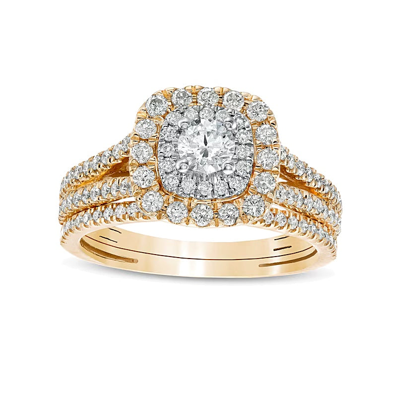 1.0 CT. TW Diamond Double Cushion-Shaped Frame Multi-Row Bridal Set in 10K Gold