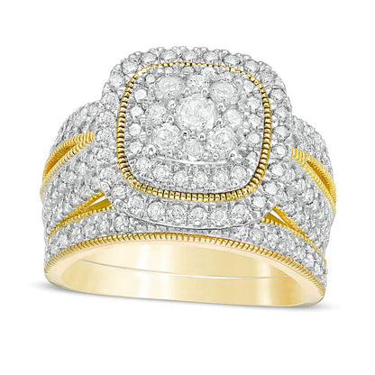1.33 CT. TW Multi-Diamond Cushion Frame Vintage-Style Bridal Set in 10K Gold