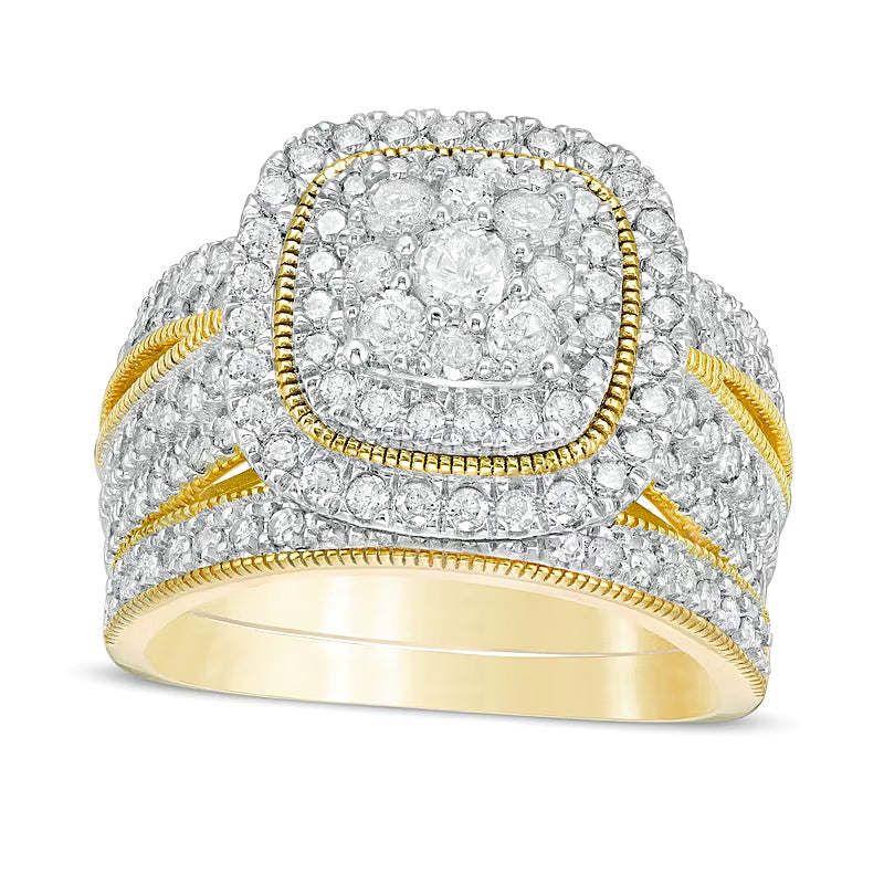 1.33 CT. TW Multi-Diamond Cushion Frame Vintage-Style Bridal Set in 10K Gold