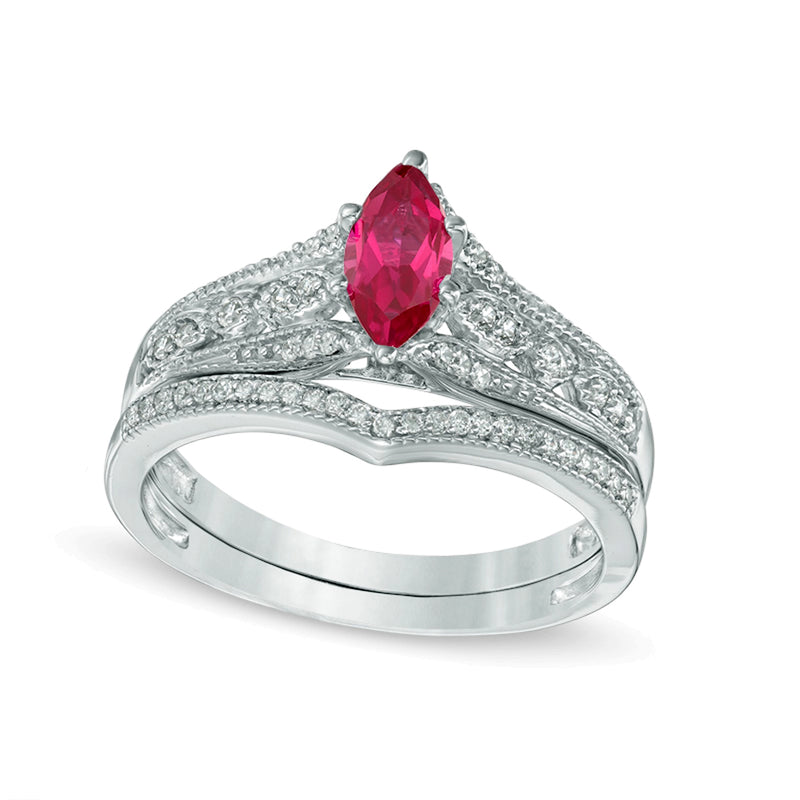 Marquise Lab-Created Ruby and 0.2 CT. TW Diamond Vintage-Style Bridal Set in 10K White Gold