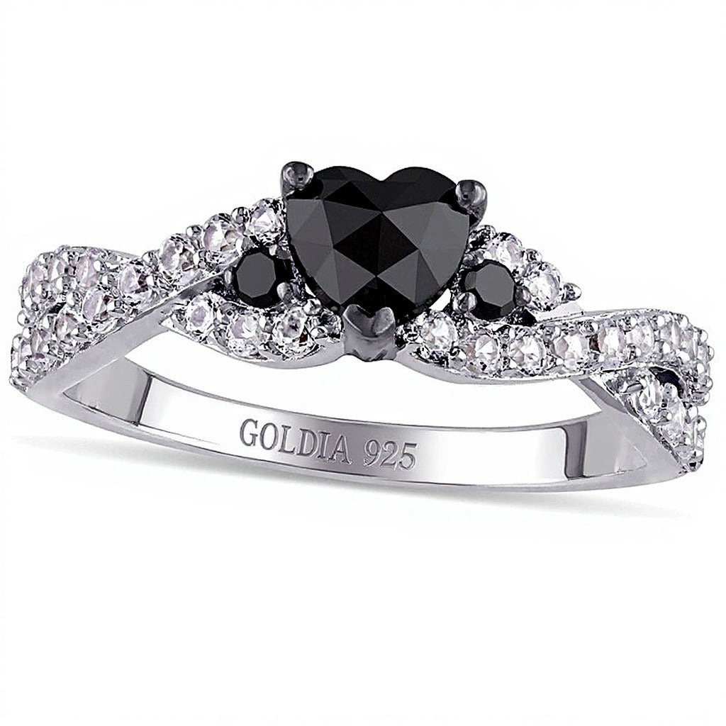 0.5 CT. TW Enhanced Black Heart-Shaped Diamond and Lab-Created White Sapphire Twist Ring in Sterling Silver