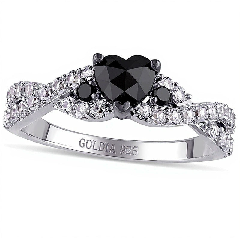 0.5 CT. TW Enhanced Black Heart-Shaped Diamond and Lab-Created White Sapphire Twist Ring in Sterling Silver