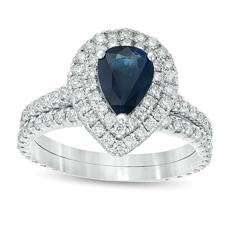Pear-Shaped Blue Sapphire and 1.0 CT. TW Diamond Double Frame Bridal Set in 14K White Gold