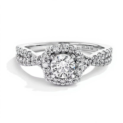 1.0 CT. TW Lab-Grown Diamond Cushion Frame Crossover Shank Engagement Ring in 14K White Gold (F/SI2)