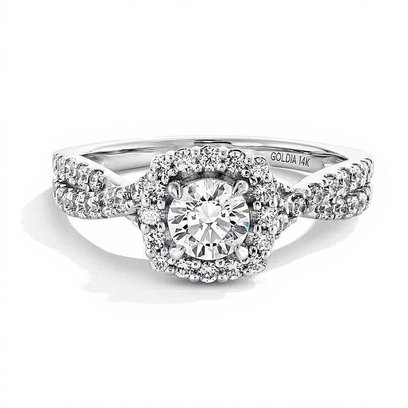 1.0 CT. TW Lab-Grown Diamond Cushion Frame Crossover Shank Engagement Ring in 14K White Gold (F/SI2)