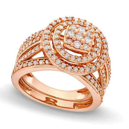 1.0 CT. TW Cushion Multi-Diamond Triple Row Split Shank Bridal Set in 10K Rose Gold