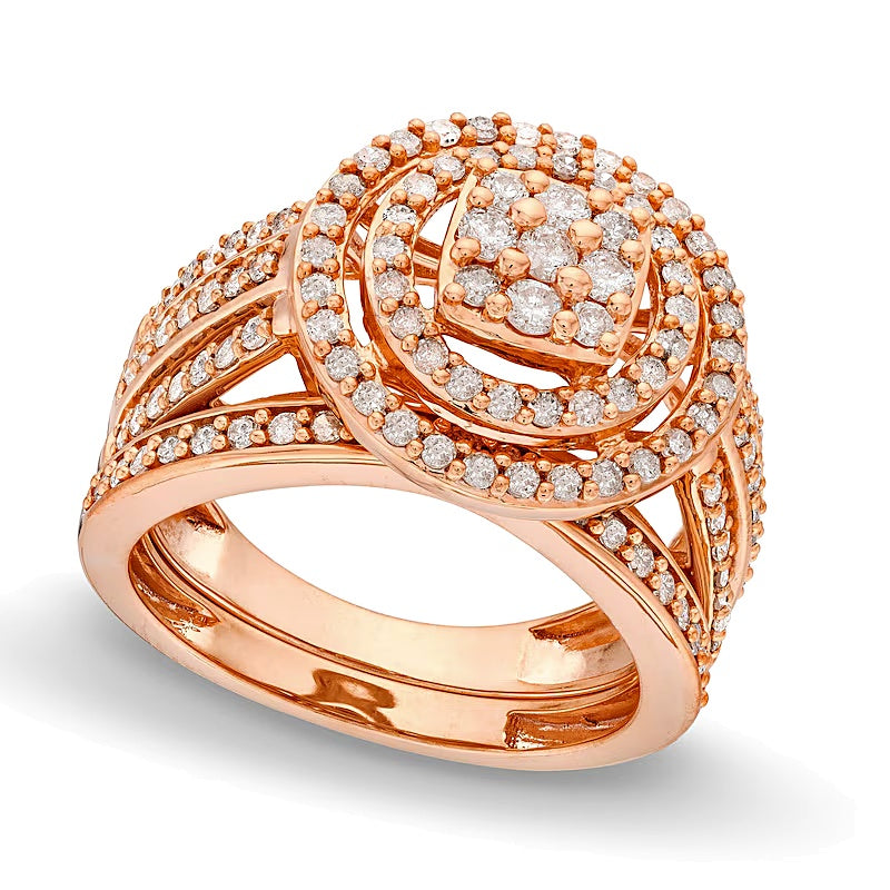 1.0 CT. TW Cushion Multi-Diamond Triple Row Split Shank Bridal Set in 10K Rose Gold