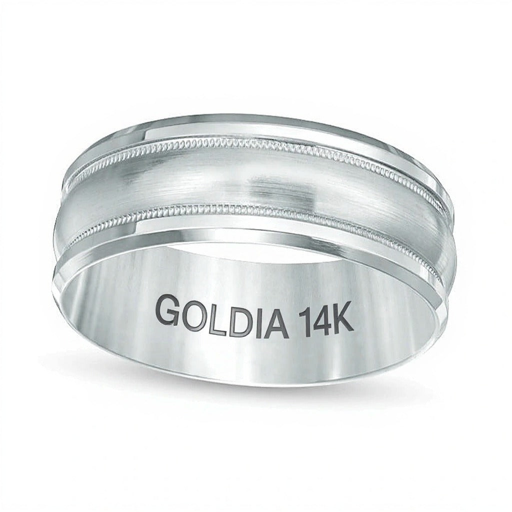 8.0mm Satin Center Milgrain Comfort Fit Wedding Band in 14K White Gold
