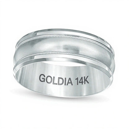 8.0mm Satin Center Milgrain Comfort Fit Wedding Band in 14K White Gold