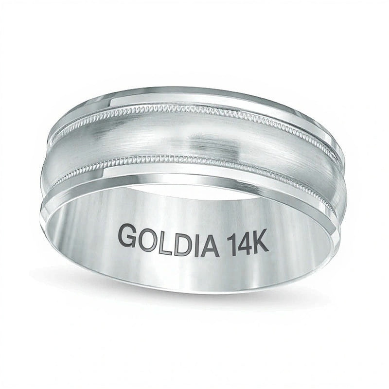 8.0mm Satin Center Milgrain Comfort Fit Wedding Band in 14K White Gold
