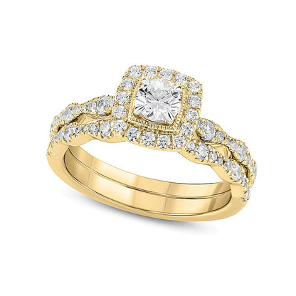 1.0 CT. TW Diamond Cushion Frame Art Deco Vintage-Style Bridal Set in 10K Gold