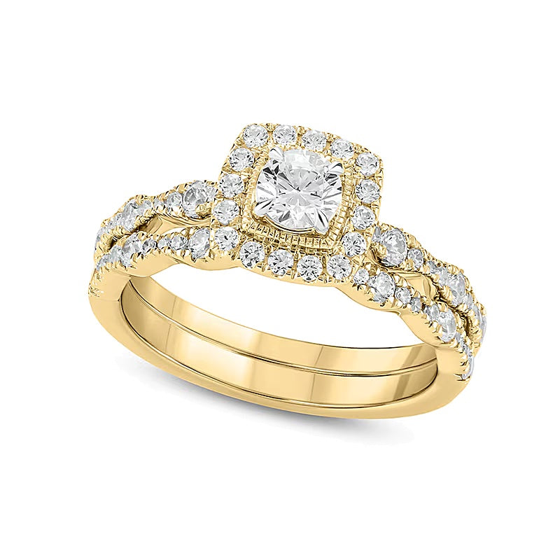 1.0 CT. TW Diamond Cushion Frame Art Deco Vintage-Style Bridal Set in 10K Gold