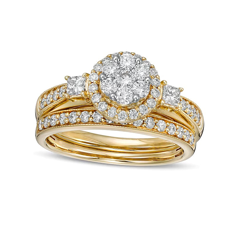 1.0 CT. TW Multi-Diamond Frame Vintage-Style Bridal Set in 10K Gold