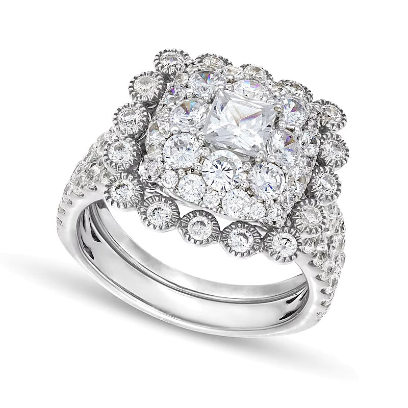 2.75 CT. TW Cushion Multi-Diamond Bubble Frame Vintage-Style Bridal Set in 10K White Gold