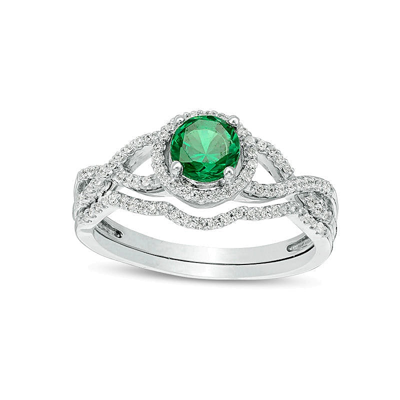 5.2mm Lab-Created Emerald and 0.25 CT. TW Diamond Twist Shank Bridal Set in 10K White Gold