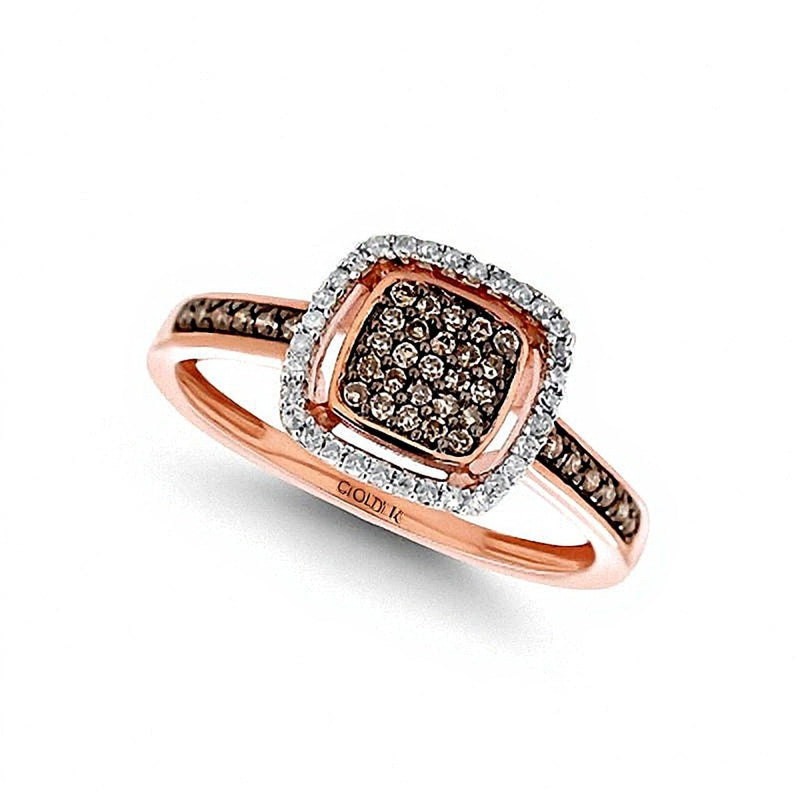 0.25 CT. TW Champagne and White Multi-Diamond Square Frame Ring in 10K Rose Gold