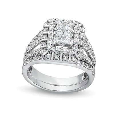 1.0 CT. TW Emerald Multi-Diamond Triple Row Split Shank Bridal Set in 10K White Gold