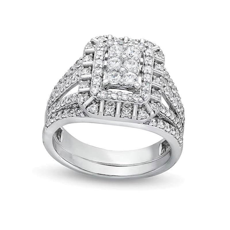 1.0 CT. TW Emerald Multi-Diamond Triple Row Split Shank Bridal Set in 10K White Gold