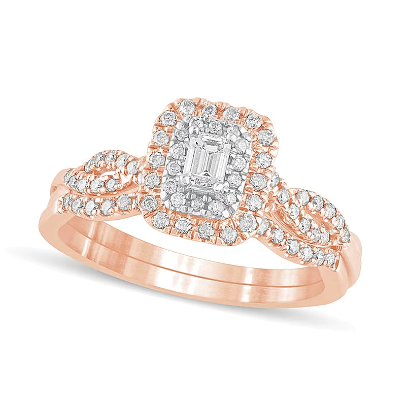 0.5 CT. TW Emerald-Cut Diamond Double Frame Multi-Row Bridal Set in 10K Rose Gold