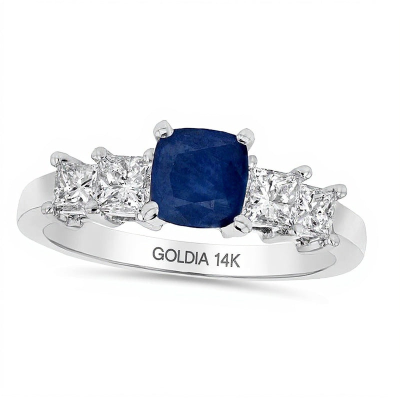 5.0mm Cushion-Cut Blue Sapphire and 0.63 CT. TW Princess-Cut Diamond Engagement Ring in 14K White Gold