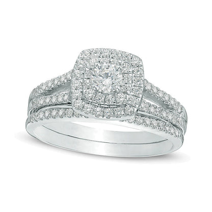 0.75 CT. TW Diamond Cushion-Shaped Double Frame Split Shank Bridal Set in 10K White Gold