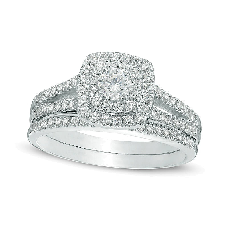 0.75 CT. TW Diamond Cushion-Shaped Double Frame Split Shank Bridal Set in 10K White Gold