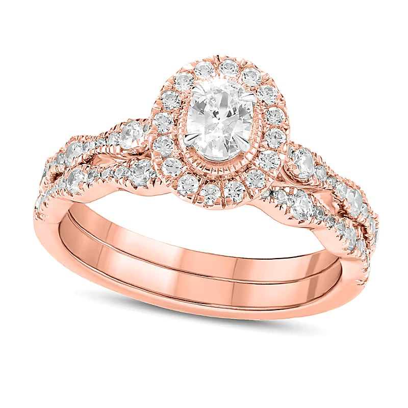 1.0 CT. TW Oval Diamond Frame Vintage-Style Bridal Set in 14K Rose Gold