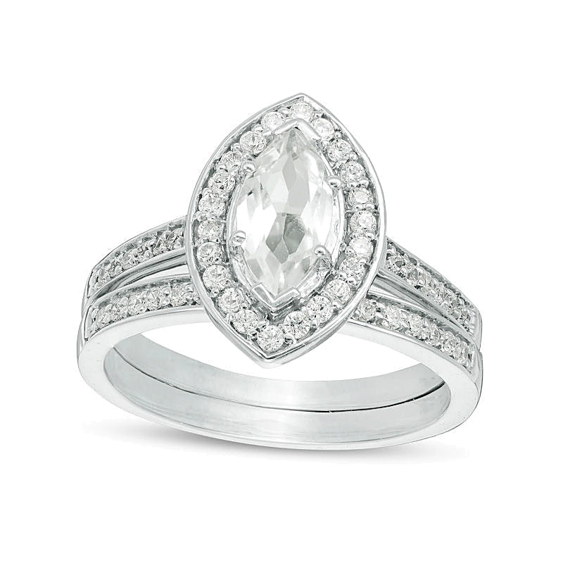 Marquise Lab-Created White Sapphire and 0.33 CT. TW Diamond Frame Bridal Set in Sterling Silver