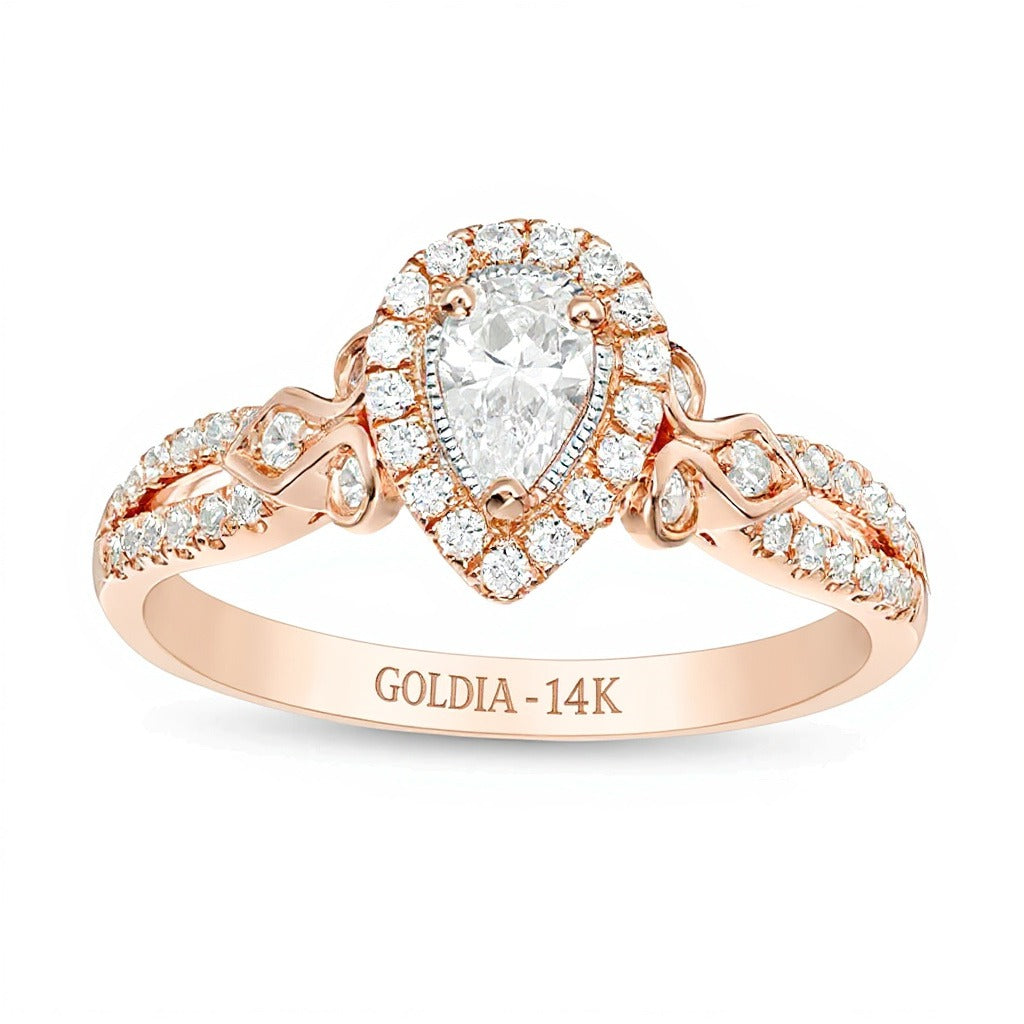 0.5 CT. TW Pear-Shaped Diamond Frame Tri-Sides Vintage-Style Engagement Ring in 14K Rose Gold