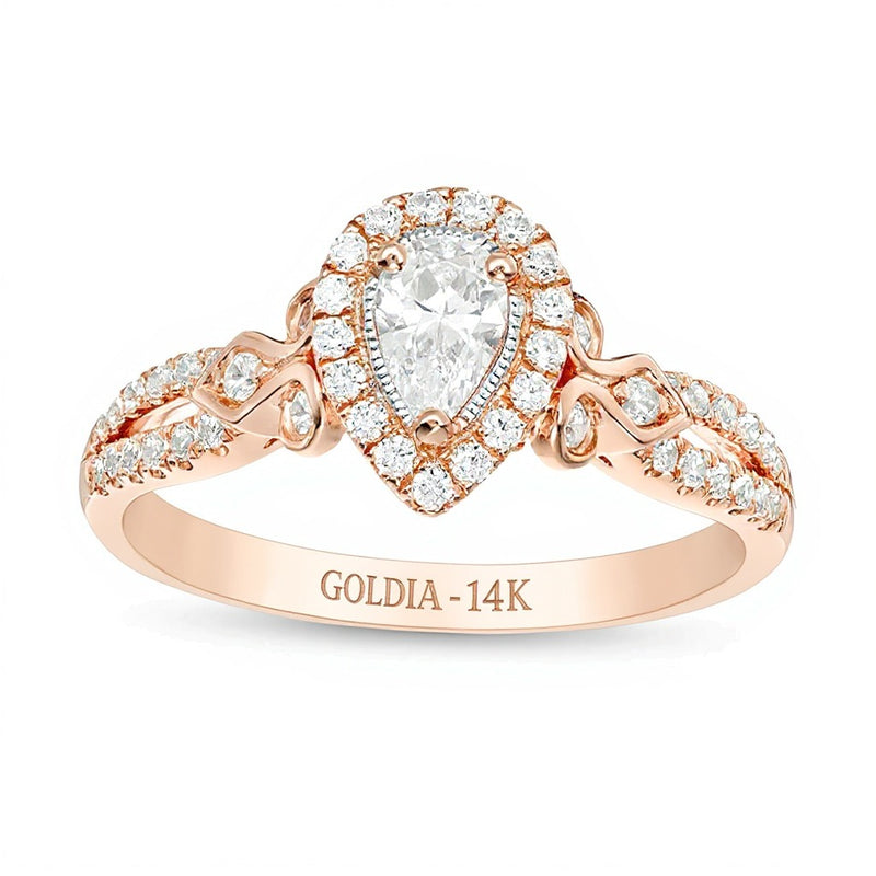 0.5 CT. TW Pear-Shaped Diamond Frame Tri-Sides Vintage-Style Engagement Ring in 14K Rose Gold