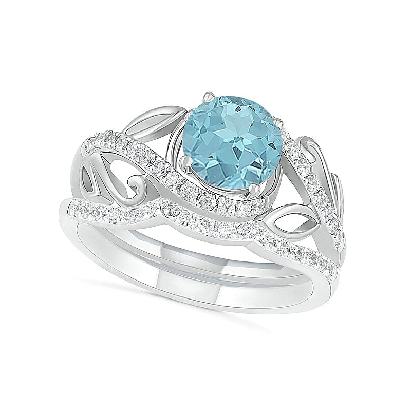 7.0mm Aquamarine and 0.38 CT. TW Diamond Bypass Leaf Shank Bridal Set in 10K White Gold