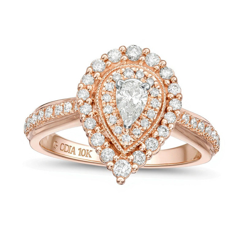 0.63 CT. TW Pear-Shaped Diamond Double Frame Stepped Edge Vintage-Style Engagement Ring in 10K Rose Gold