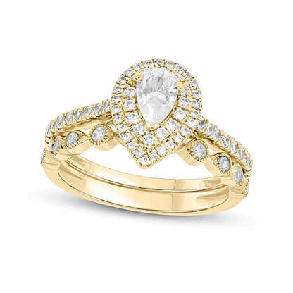 1.0 CT. TW Pear-Shaped Diamond Double Frame Vintage-Style Bridal Set in 10K Gold (I/I2)