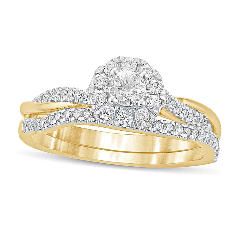 0.5 CT. TW Diamond Frame Twist Shank Bridal Set in 10K Gold
