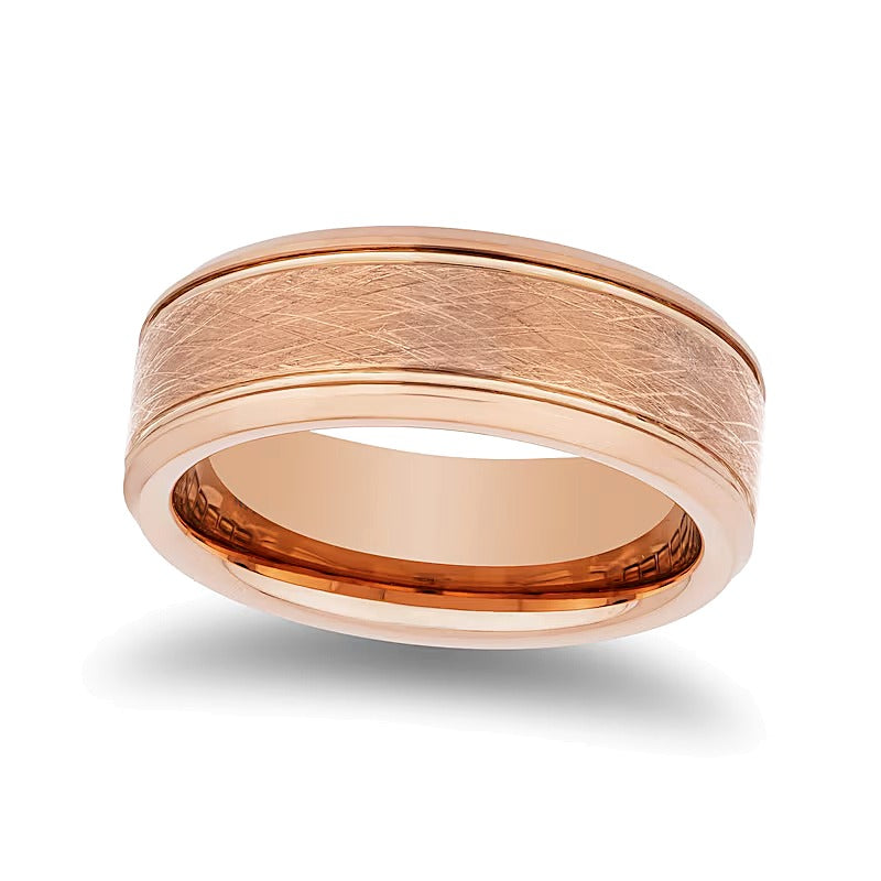 8.0mm Textured Center Beveled Edge Band in Rose Ion-Plated Tungsten