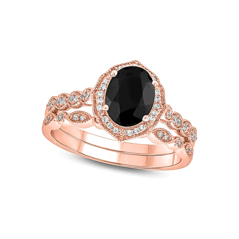Oval Black Sapphire and 0.2 CT. TW Diamond Quatrefoil Frame Art Deco Vintage-Style Bridal Set in 10K Rose Gold