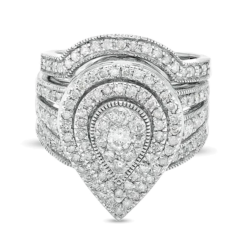 1.25 CT. TW Pear-Shaped Multi-Diamond Frame Multi-Row Vintage-Style Bridal Set in 10K White Gold
