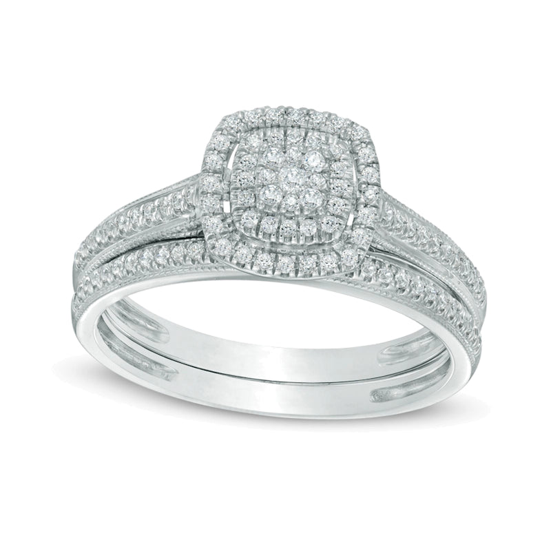 0.33 CT. TW Composite Diamond Double Square Frame Vintage-Style Bridal Set in 10K White Gold