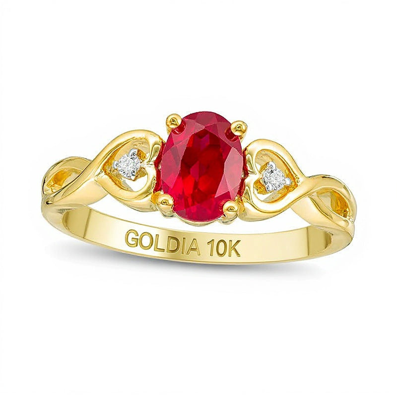 Oval Lab-Created Ruby and Diamond Accent Heart Sides Promise Ring in 10K Gold